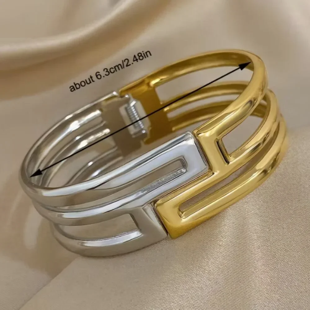 Elegant Chunky Punk Golden Stainless Steel Bangle Geometric Wide Cuff